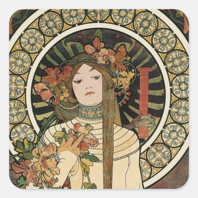 Alfonse Mucha Trappistine Nouveau Quadratischer Aufkleber (Vorderseite)