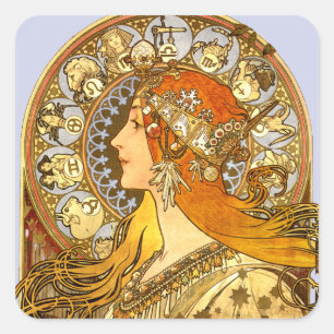 Alfonse Mucha Zodiac Art Nouveau Frau Quadratischer Aufkleber