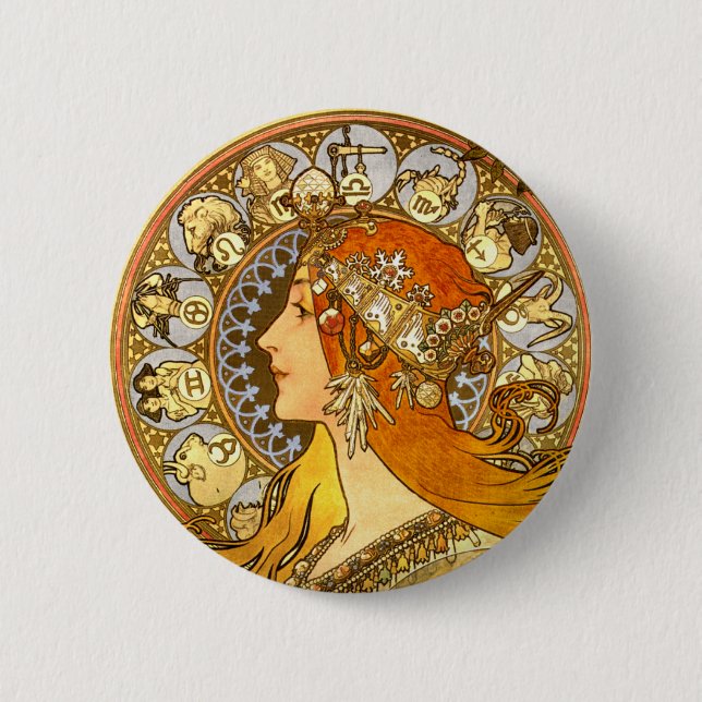 Alfonse Mucha Zodiac Art Nouveau Woman Button (Vorderseite)