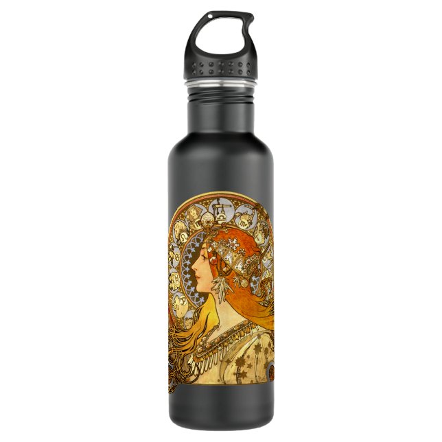 Alfonse Mucha Zodiac Art Nouveau Woman Edelstahlflasche (Vorderseite)