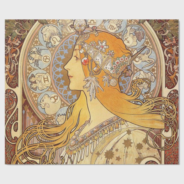 Alfonse Mucha Zodiac Art Nouveau Woman Geschenkpapier (Flach)
