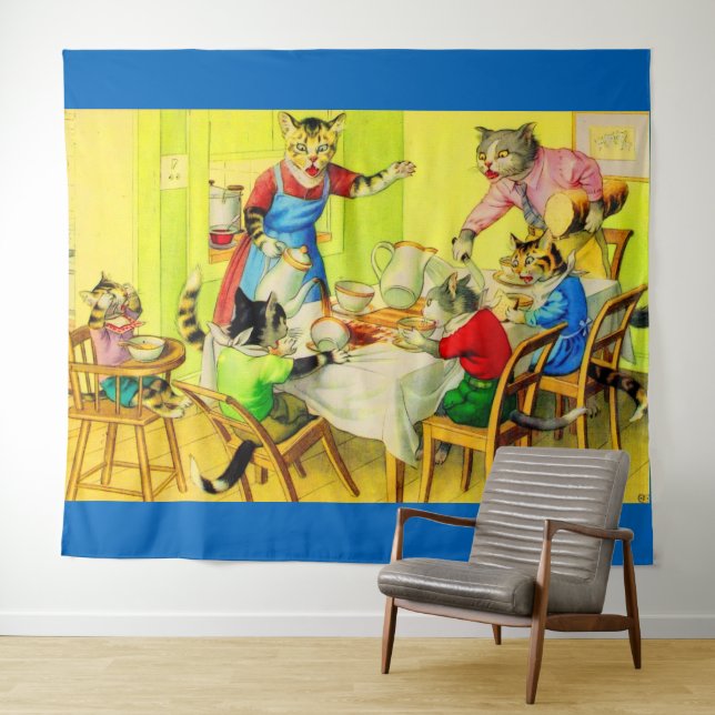 Alfred Mainzer cats Dinner Desaster Print Wandteppich (Beispiel (Horizontal))