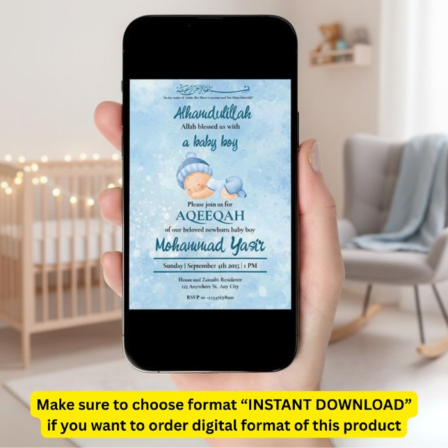 Alhamdulillah Blue aqeeqah muslime Baby Einladung (Von Creator hochgeladen)