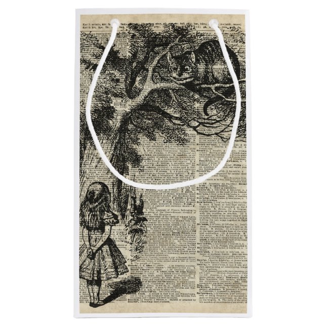 Alice and Cheshire Stencil Art On Old Book Page Kleine Geschenktüte (Rückseite)