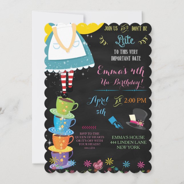 Alice au pays des merveilles Chalkboard Invitation (Devant)
