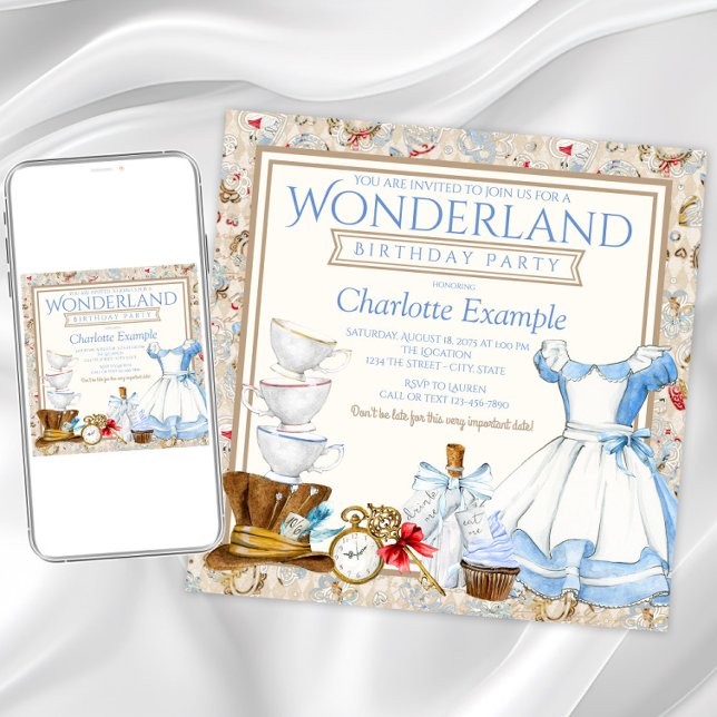 Alice Au Pays Des Merveilles Invitation À La Fête  (Pretty watercolor Alice in Wonderland any event invitation. All text can be changed as needed.)