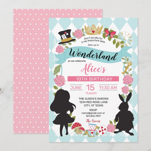 Alice Au Pays Des Merveilles Invitation Anniversai (Devant / Derrière)