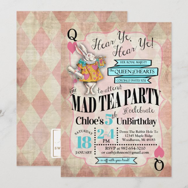 Alice au pays des merveilles Invitations d'anniver (Devant / Derrière)