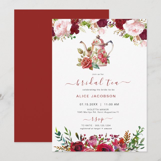 ALICE Blush Bloral Bridal Tee Party Brunch Dusche Einladung (Vorne/Hinten)