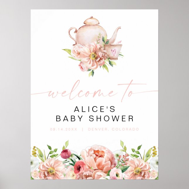 ALICE Blush Floral Baby Teedusche Party Willkommen Poster (Vorne)