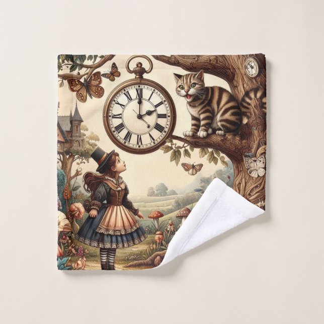 Alice & Cheshire Cat: Whimsical Wonderland Fantasy Badhandtuch Set (Waschlappen)