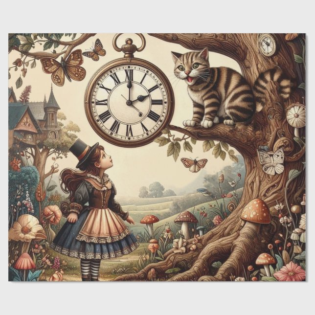 Alice & Cheshire Cat: Whimsical Wonderland Fantasy Geschenkpapier (Flach)