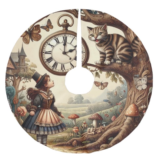 Alice & Cheshire Cat: Whimsical Wonderland Fantasy Polyester Weihnachtsbaumdecke (Vorderseite)