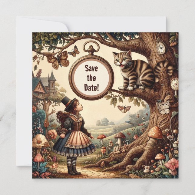 Alice & Cheshire Cat: Whimsical Wonderland Fantasy Save The Date (Vorderseite)