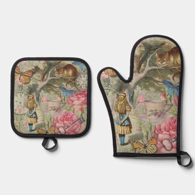 Alice Cheshire Cat Wonderland Tree Garden Ofenhandschuh & Topflappen-Set (Vorderseite)