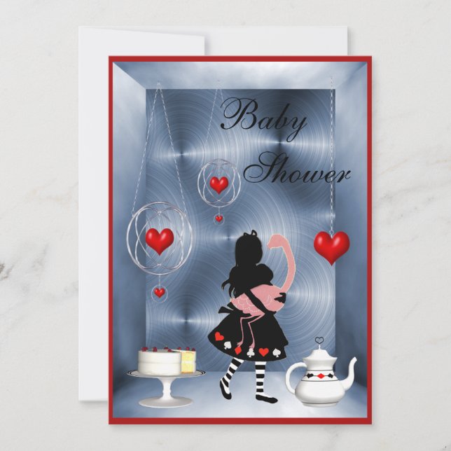 Alice & Flamingo Hearts Babydusche Party Einladung (Vorderseite)