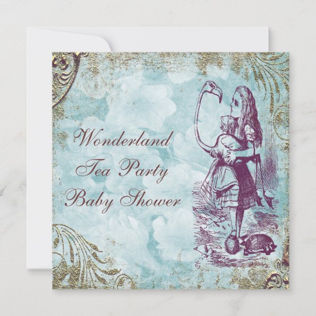 Alice & Flamingo Wonderland Babydusche Party Einladung (Vorderseite)