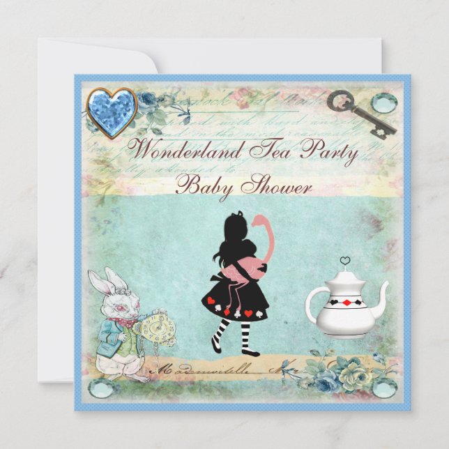 Alice & Flamingo Wonderland Babydusche Party Einladung (Vorderseite)