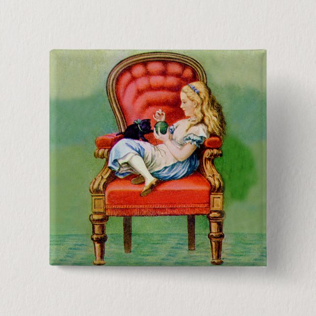 Alice & ihre Cat Dinah im BIg Red Velvet Chair Button (Vorderseite)