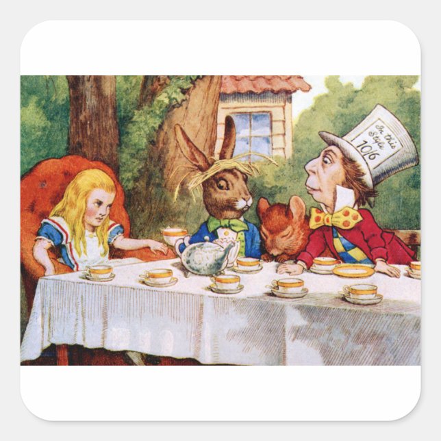 Alice im Mad Hatters Tea Party im Wunderland Quadratischer Aufkleber (Vorderseite)