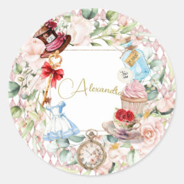 Alice im Wunderland Aquarellfarben Blumenrosa Runder Aufkleber