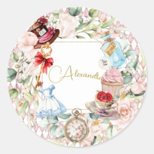 Alice im Wunderland Aquarellfarben Blumenrosa Runder Aufkleber