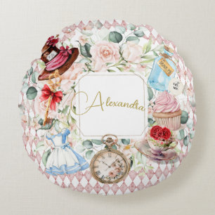 Alice im Wunderland Aquarellfarben Blumenrosa Rundes Kissen