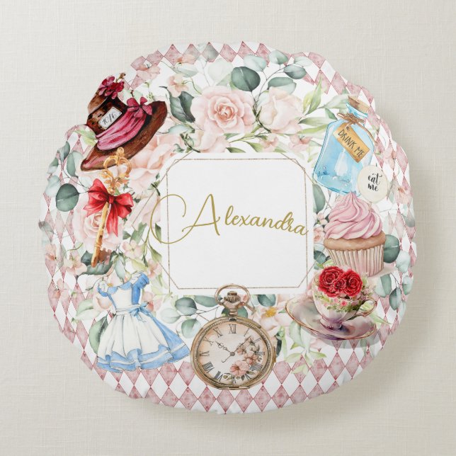 Alice im Wunderland Aquarellfarben Blumenrosa Rundes Kissen (Vorderseite)