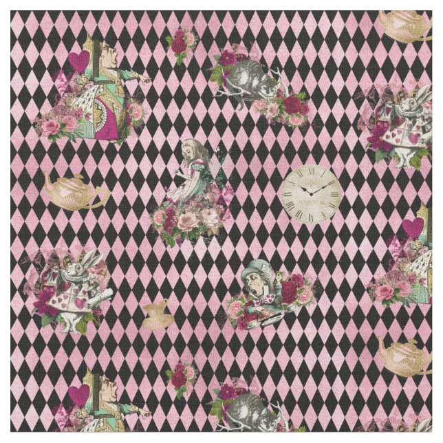 Alice im Wunderland auf rosa und schwarzem Stoff (Nahaufnahme)