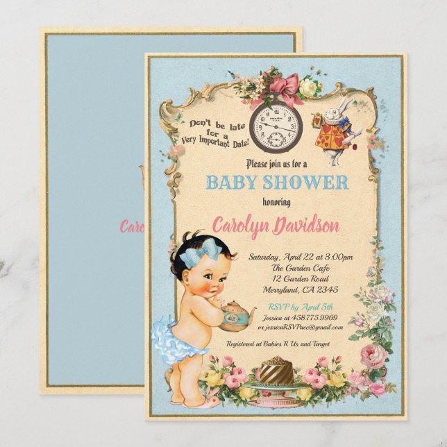 Alice im Wunderland Baby Girl Dusche Einladung (Vorne/Hinten)
