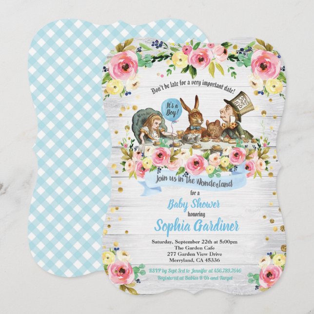 Alice im Wunderland Babydusche Einladung (Vorne/Hinten)