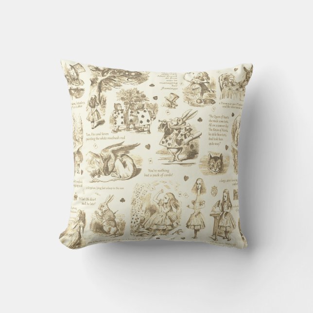 Alice im Wunderland Beige Toile Quotes Kissen (Vorderseite)