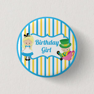 Alice im Wunderland Birthday Girl Blue Yellow Button