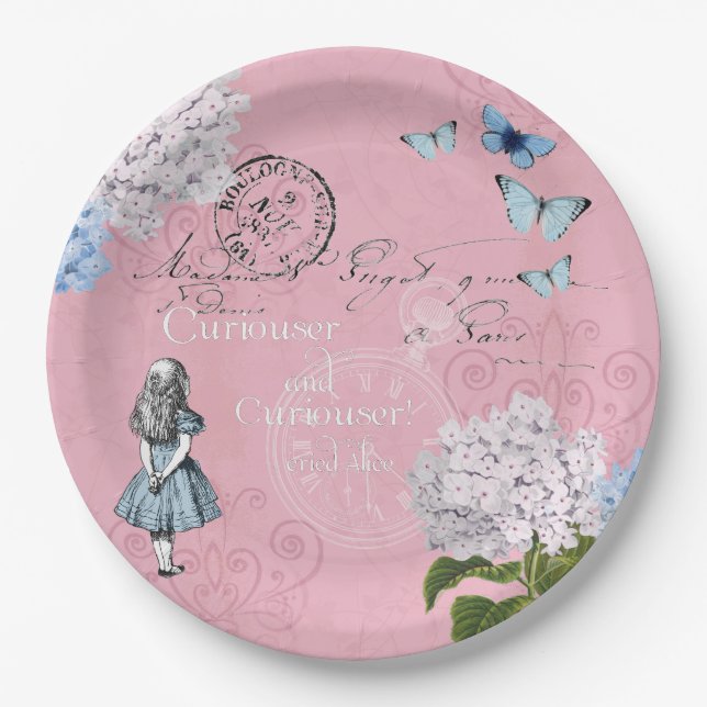 Alice im Wunderland Blumenrosa Blue Paper Teller (Vorderseite)