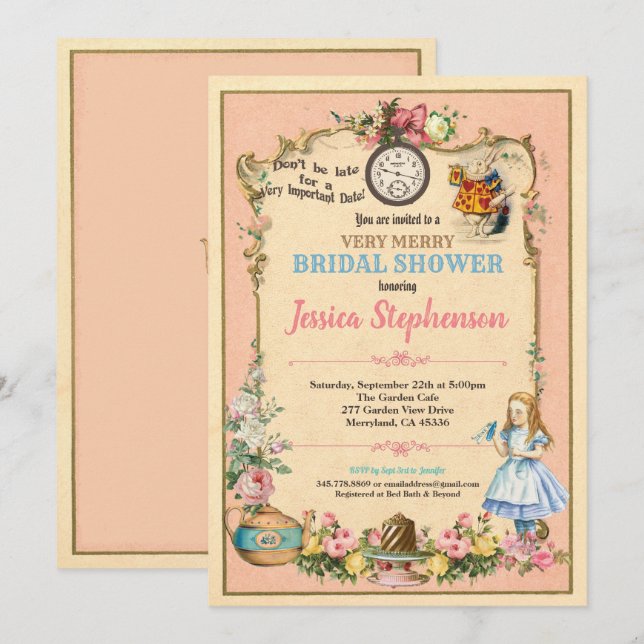 Alice im Wunderland Brautparty Einladung pink (Vorne/Hinten)