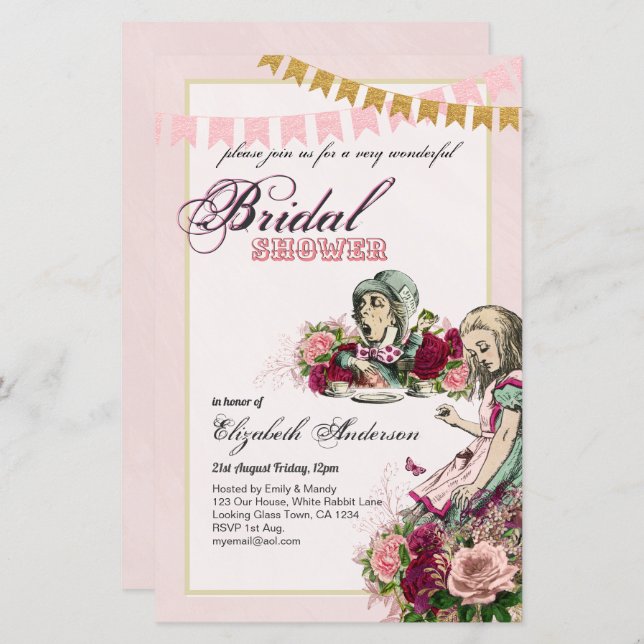Alice im Wunderland Brautparty Tee Party Einladung (Vorne/Hinten)