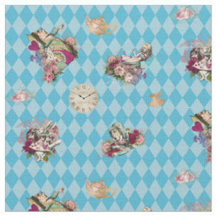Alice im Wunderland-Charaktere auf blauem Harlekin Stoff