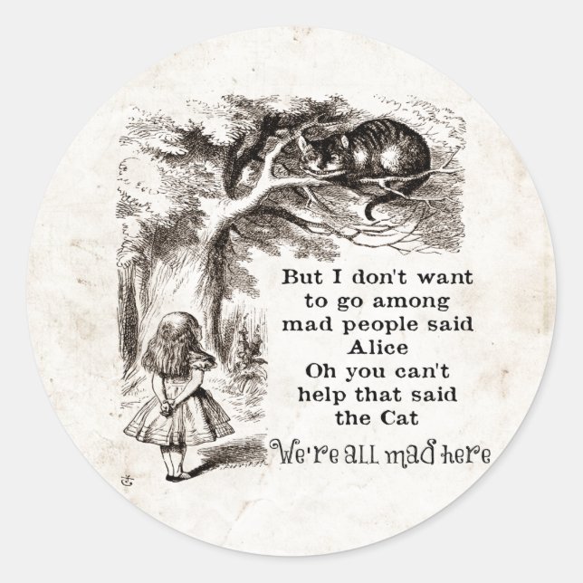 Alice im Wunderland; Cheshire Cat mit Alice Runder Aufkleber (Vorderseite)