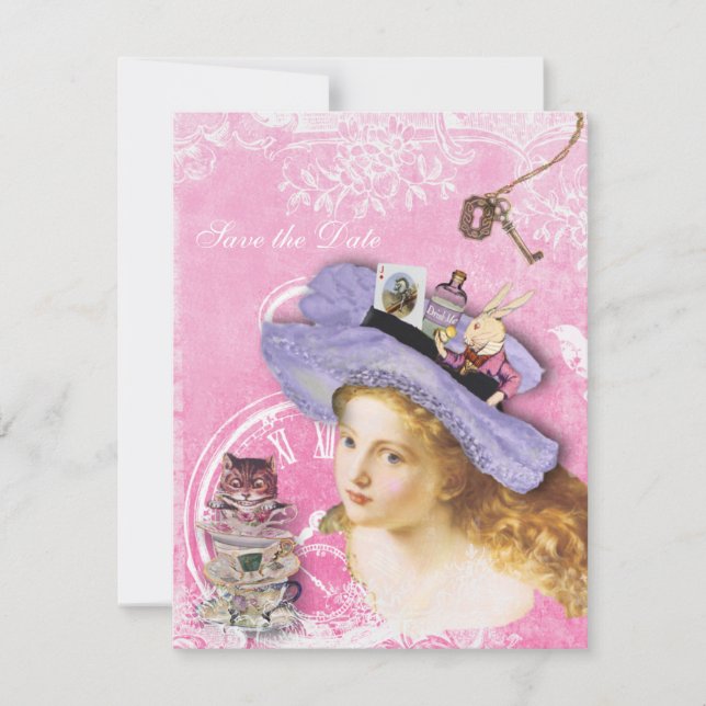 Alice im Wunderland Collage Save the Date Hochzeit Einladung (Vorderseite)