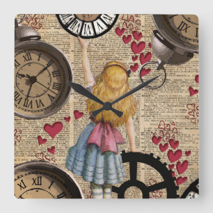 Alice im Wunderland, die in Zeit reist Quadratische Wanduhr