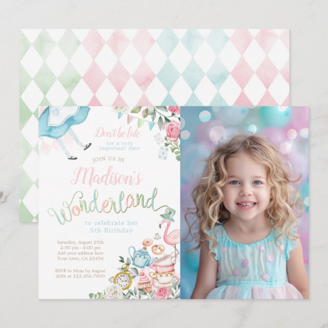 Alice im Wunderland Einladung zum Geburtstag (Vorne/Hinten)