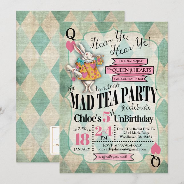 Alice im Wunderland Einladungen zum Geburtstag (Vorne/Hinten)