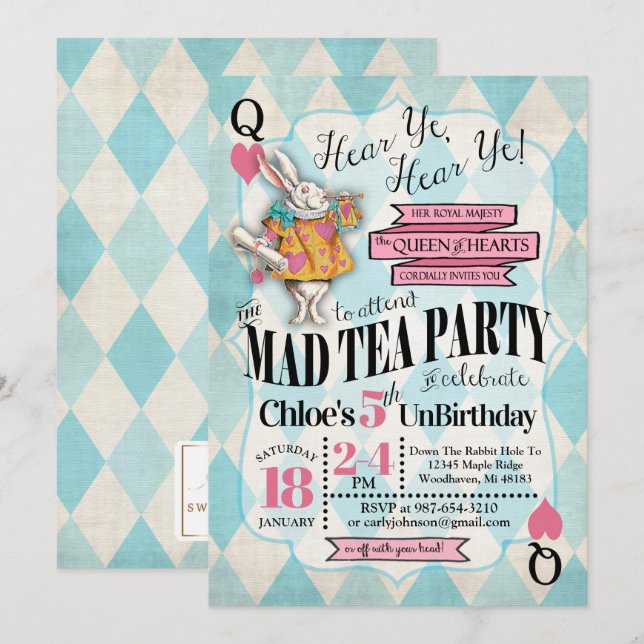 Alice im Wunderland Einladungen zum Geburtstag (Vorne/Hinten)