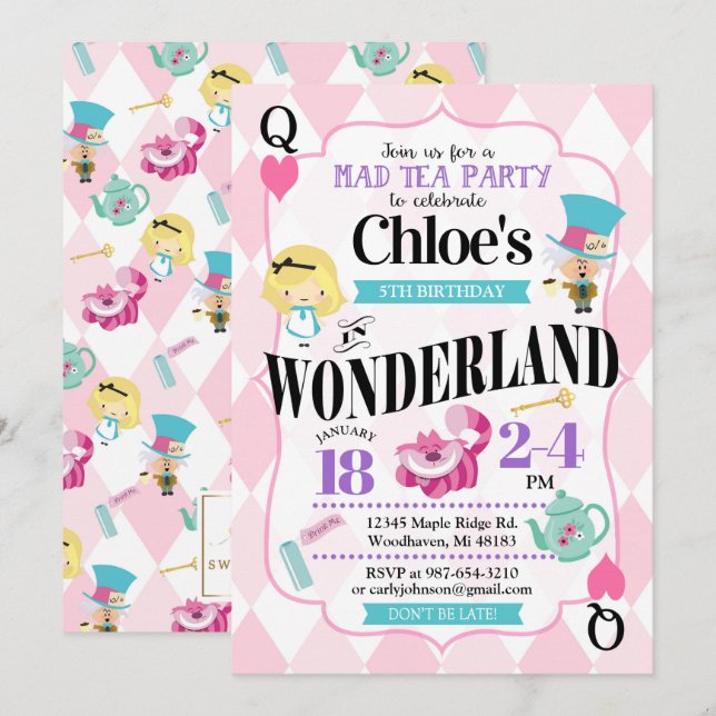 Alice im Wunderland Einladungen zum Geburtstag (Vorne/Hinten)