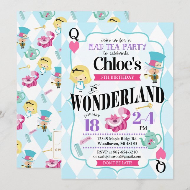 Alice im Wunderland Einladungen zum Geburtstag (Vorne/Hinten)
