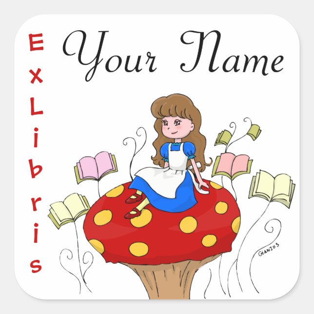 Alice im Wunderland Ex Libris Buchlabel Quadratischer Aufkleber (Vorderseite)