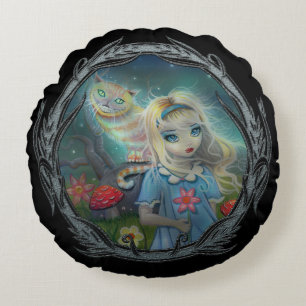 Alice im Wunderland Fantasy-Kunst von Molly Harris Rundes Kissen