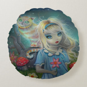 Alice im Wunderland Fantasy-Kunst von Molly Harris Rundes Kissen