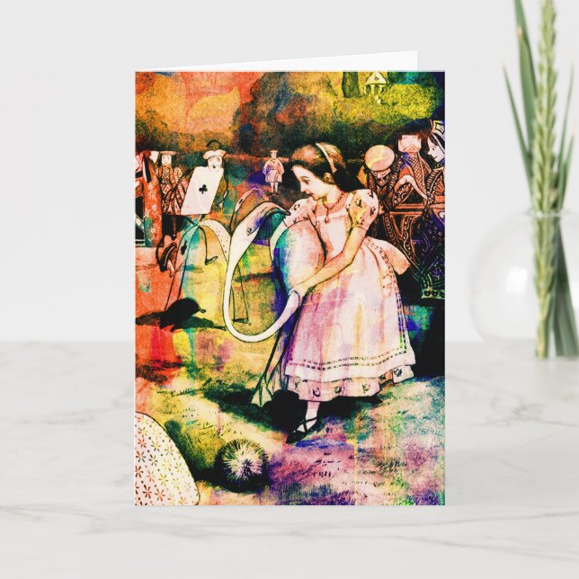 Alice im Wunderland Flamingo Croquet Watercolor Karte (Vorderseite)
