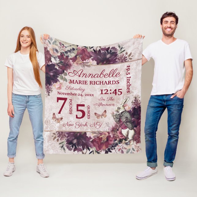Alice im Wunderland Floral Baby Birth Stats Fleecedecke (Beispiel)